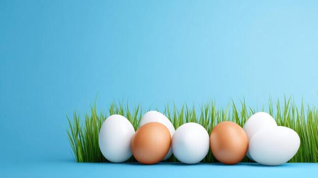 A vibrant spring scene with assorted eggs nestled in green grass against a seamless blue backdrop perfect for Easter or new beginnings photo