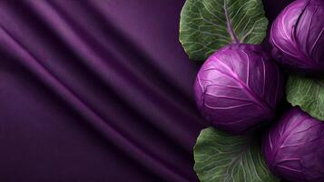 Striking purple cabbage trio against a textured violet backdrop creates an intriguing visual with contrasting colors and textures photo