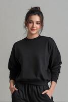 Woman in a relaxed pose, sporting a comfortable black sweatshirt and matching lounge pants. Casual and stylish. photo