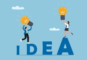 Business People Carrying Light Bulbs Standing on Idea Text Symbolizing Creativity and Innovation vector