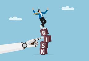 Businessman Standing on Unstable RISK Blocks Pushed by Robot Hand vector