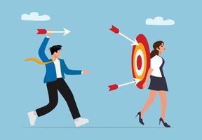 Man Throwing Arrows at Target on Woman Back Representing Unbalanced Effort in Relationship vector