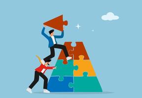 Two Businessmen Collaborating to Build Puzzle Pyramid for Business vector