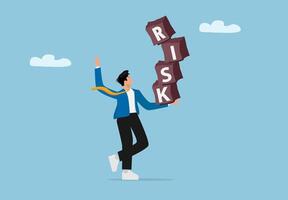 Businessman Standing on Unstable RISK Blocks Pushed by Robot vector