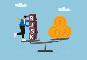 Businessman Balancing Financial Risk and Money on Seesaw Concept of Financial Decision and Risk Management vector