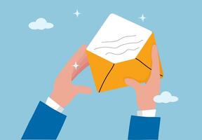 Business hand holding envelope illustration with blue background, flat design of email message, communication letter or invitation delivery concept, vector
