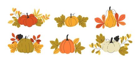 Autumn Pumpkin Compositions with Fall Leaves Flat Style for Cards and Posters vector