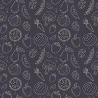 Seamless pattern of white outline fruits and vegetables on dark background vector
