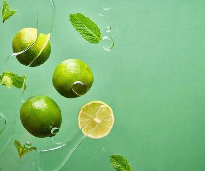 Fresh Lemon Splashing in Water on Green Background photo