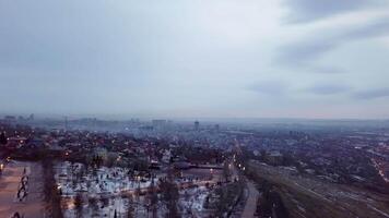 Aerial View Capturing the Urban Landscape Beneath Overcast Skies with Unique Charm and Beauty. Stock Clip video
