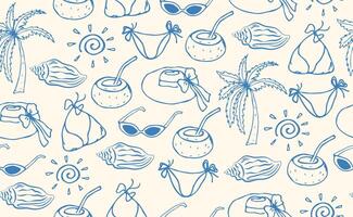 Hand drawn Italian Mediterranean seafood seamless pattern. Italy summer print, background with shell, fruits, bikini, palm, hat. Coast sea blue elements for Italy menu, wedding, sketch. illustr vector