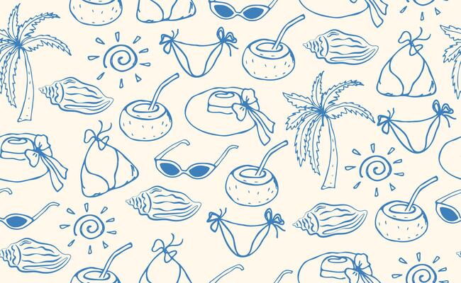 Hand drawn Italian Mediterranean seafood seamless pattern. Italy summer print, background with shell, fruits, bikini, palm, hat. Coast sea blue elements for Italy menu, wedding, sketch. illustr