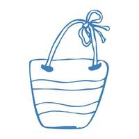 Hand drawn blue beach bag in doodle style. Mediterranean summer icon, element for italian print, invitation. Ink sketch design of summer beach. Flat tropical minimalist isolated illustration. vector