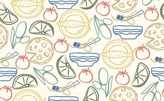 Hand drawn italian food seamless pattern. Color Chalk crayon sketch dish with pizza, pasta, tomato, olives, lemon, fish, italy ingredients for menu in doodle style. illustration. vector