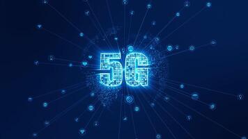 Motion graphic of Blue digital 5G icon and earth sphere with line connection and data transter to icon futuristic technology abstract background seamless loop video