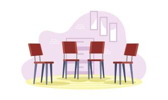 Empty room, corridor, hallway with four chairs and a interior colorful background on the wall. Flat colorful illustration vector