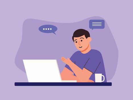 en línea entrevista, reunión discusión o enseñando, trabajo entrevista o empleo, hablar o charlar, conferencia llamar, empresario hablando en computadora ordenador portátil en línea entrevista. vector