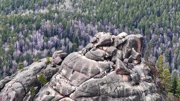 Exploring the rocky summit of a mountain in the dense forests video