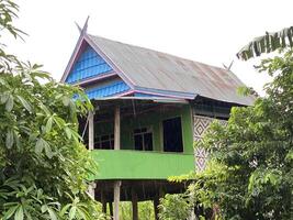 Traditional stilt house stands amidst lush green foliage during a tropical rain shower. photo