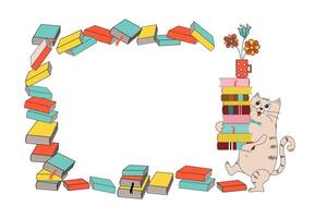 Cartoon cat with books. A stack of books, a mug with a bouquet of flowers. Banner, frame with space for text. Love of reading, literature and learning. Work in the library. Knowledge Day. vector