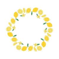 Banner, round frame of lemons, whole and halves of fruits, flowers, leaves. Natural food, citrus. Summer, natural background. Background with place for text, illustration vector