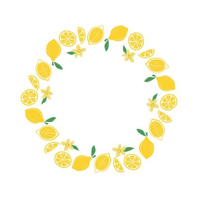 Banner, round frame of lemons, whole and halves of fruits, flowers, leaves. Natural food, citrus. Summer, natural background. Background with place for text, illustration