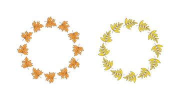 Round frame set autumn leaves. Banner, wreath, leaf fall, drawings, doodle illustration. Maple leaf and rowan. Natural botanical background with space for text. vector