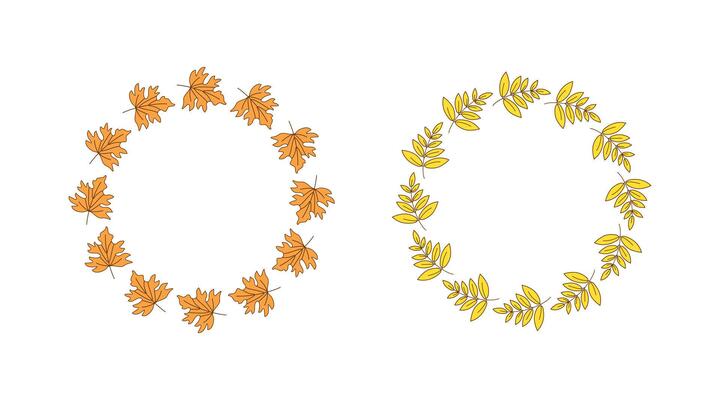 Round frame set autumn leaves. Banner, wreath, leaf fall, drawings, doodle illustration. Maple leaf and rowan. Natural botanical background with space for text.