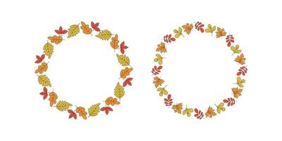 Frame round set, banner autumn. Oak leaves, rowan leaf, maple leaf, wreath, leaf fall. Hand drawn, doodle, drawing. Natural botanical background, postcard design, harvest festival. vector