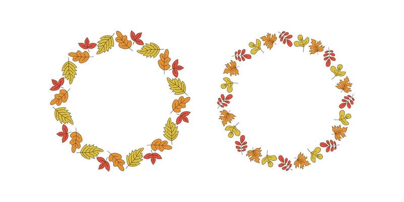 Frame round set, banner autumn. Oak leaves, rowan leaf, maple leaf, wreath, leaf fall. Hand drawn, doodle, drawing. Natural botanical background, postcard design, harvest festival.
