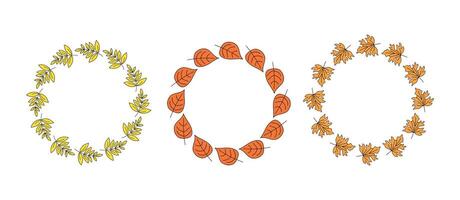 Frame round set, banner autumn. Abstract autumn leaves, wreath, leaf fall. Hello autumn, inscription. Hand lettering, doodle, drawings. Natural botanical background. vector