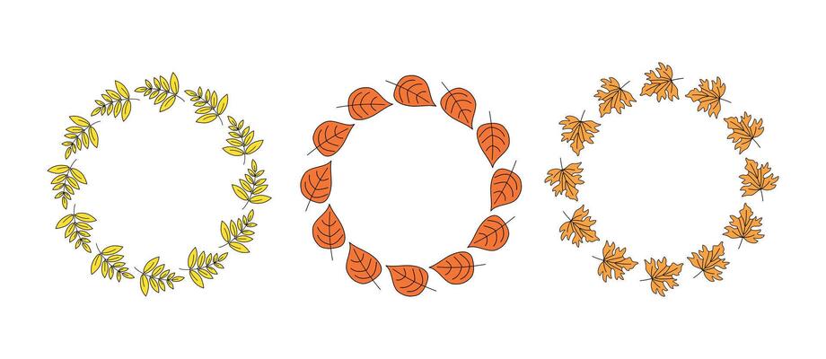 Frame round set, banner autumn. Abstract autumn leaves, wreath, leaf fall. Hello autumn, inscription. Hand lettering, doodle, drawings. Natural botanical background.