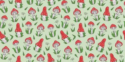 Colorful mushroom pattern on green background vector