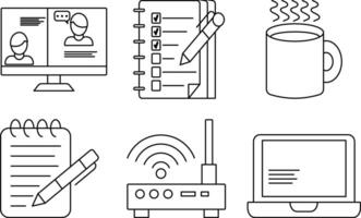Freelance icon set featuring remote call, planner, notepad, Wi-Fi router, laptop, and coffee mug. Editable strokes and simple coloring. vector