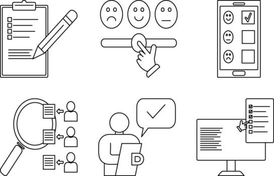Survey web icon set featuring a clipboard, slider, mobile feedback, magnifier with people, user survey, and checklist. Editable stroke. vector