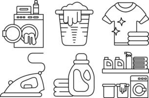 Laundry line icon set featuring washing machine, detergent, iron, basket, clothes, and cleaning tools. Editable stroke. vector