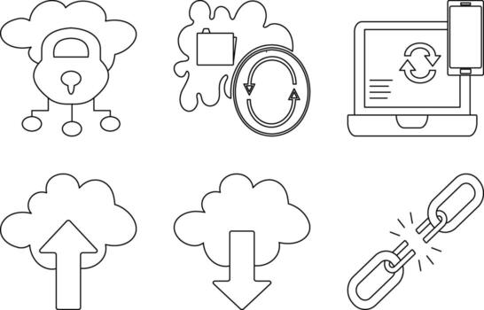 Cloud storage icon set. Secure cloud, data sync, upload, download, multi-device access, and broken connection icons. Editable stroke. vector