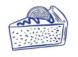 Hand draw slice of a cheesecake with lemon illustration. Doodle dessert cake isolated. Cafe pastry sketch style vector