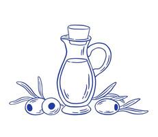 Hand draw olive oil in glass jar with fresh olives and leaves illustration. vector