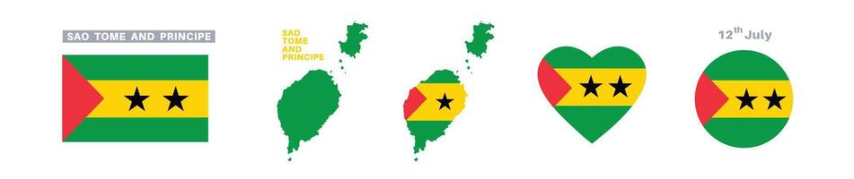 sao tome and principe flag and map set. sao tome and principe flag in official colors and proportions. independence day 12 july, map, circle and heart shaped sao tome and principe vector