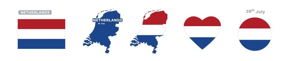 netherlands flag and map set. netherlands flag in official colors and proportions. independence day 26 july, map, circle and heart shaped netherlands vector