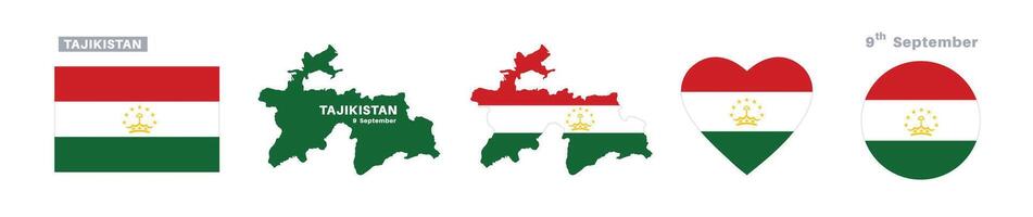 tajikistan flag and map set. tajikistan flag in official colors and proportions. independence day 9 september , map, circle and heart shaped tajikistan vector