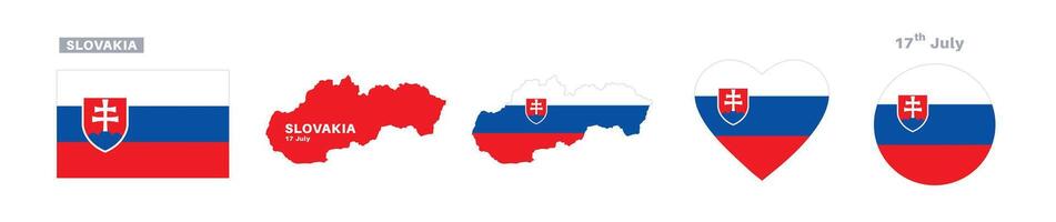 slovakia flag and map set. slovakia flag in official colors and proportions. independence day 17 july, map, circle and heart shaped slovakia vector