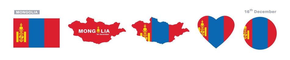 mongolia flag and map set. mongolia flag in official colors and proportions. independence day 16 december, map, circle and heart shaped mongolia vector