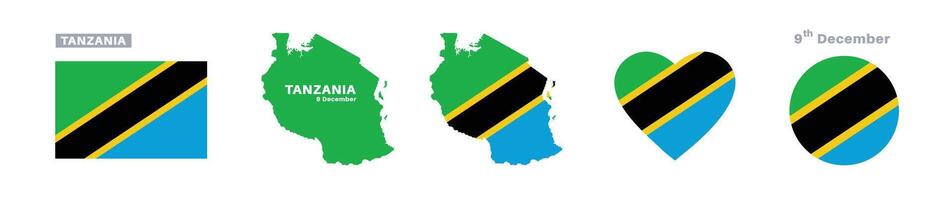 tanzania flag and map set. tanzania flag in official colors and proportions. independence day 9 december , map, circle and heart shaped tanzania vector
