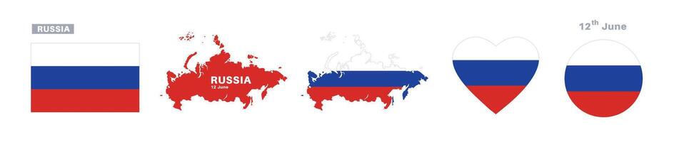 russia flag and map set. russia flag in official colors and proportions. independence day 12 june, map, circle and heart shaped russia vector