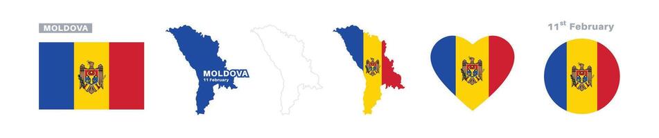 moldova flag and map set. moldova flag in official colors and proportions. independence day 11 february , map, circle and heart shaped moldova vector