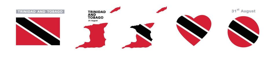 trinidad and tobago flag and map set. trinidad and tobago flag in official colors and proportions. independence day 31 august, map, circle and heart shaped trinidad and tobago vector