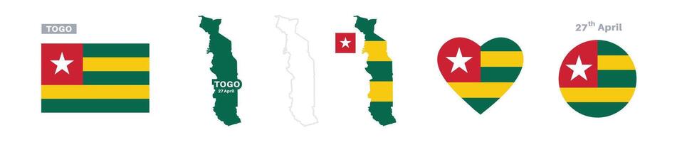 togo flag and map set. togo flag in official colors and proportions. independence day 27 april, map, circle and heart shaped togo vector