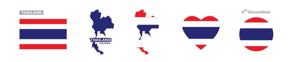 thailand flag and map set. thailand flag in official colors and proportions. independence day 5 december , map, circle and heart shaped thailand vector